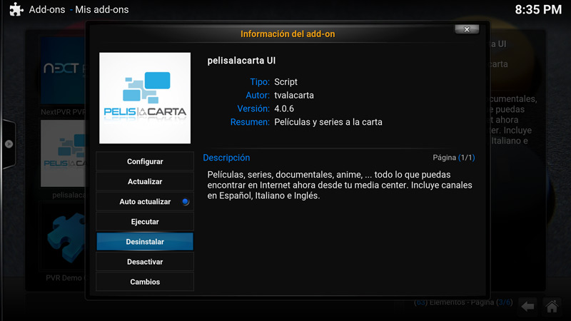 Como desinstalar un add-on en Kodi (paso 7)